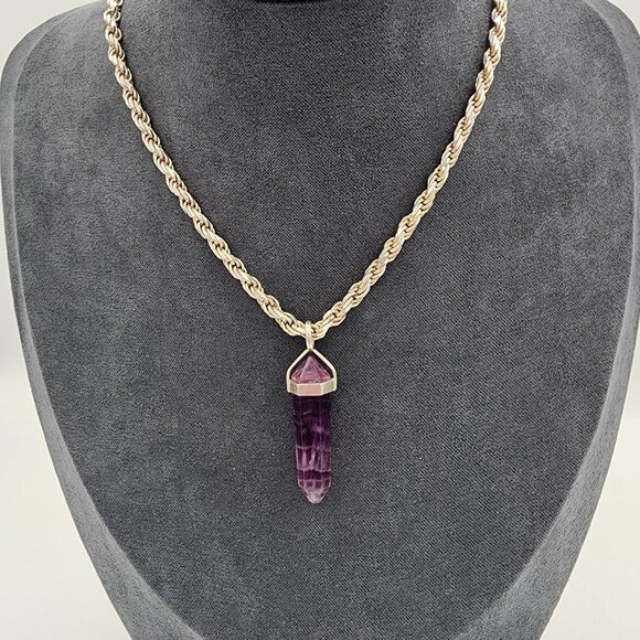 Vintage Italian 925 Sterling Silver Chain Necklace With Amethyst Crystal Pendant - Picture 2 of 10